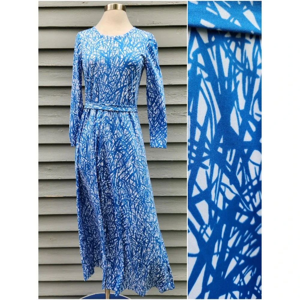 Vintage 70s Maxi Dress Blue White Abstract Scribble‎ Print Long Sleeve 10